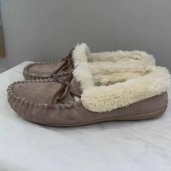 J. CREW‎ Moccasin Slippers Women’s Size 6 Suede Faux Shearling Fuzzy - Picture 3 of 9